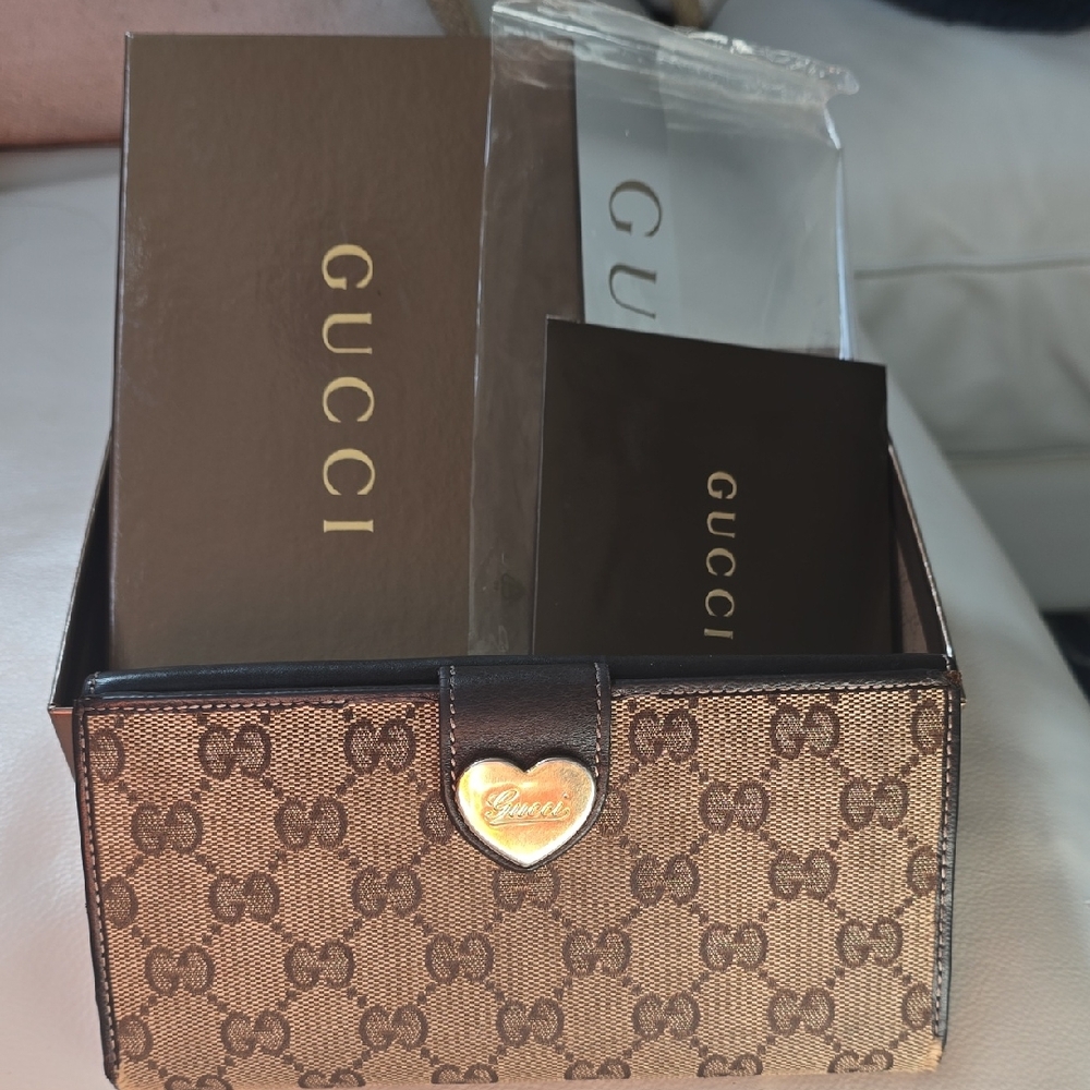 Gucci Tan and Brown Monogram Wallet with Gold Heart